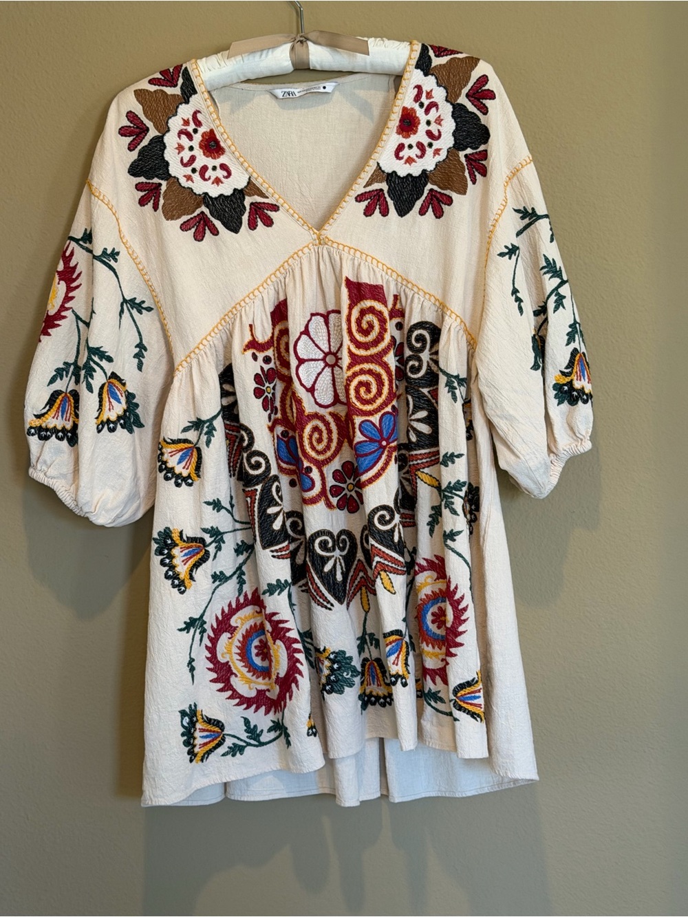 Zara Cream Embroidered Boho Peasant Tunic with Multicolor Motifs